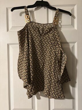 SHEIN Beige and Black Geometric Print Camisole with Gold Buckle Straps